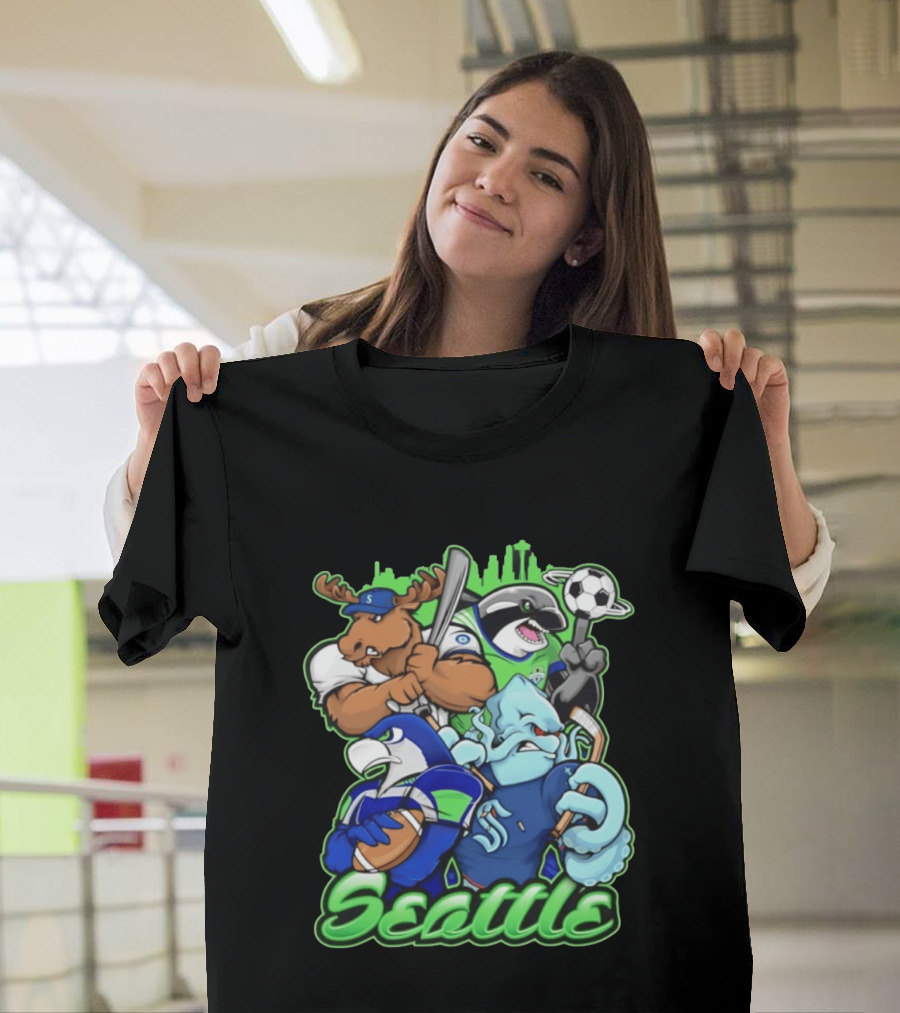 Seattle Sports Team Mascot Mashup With Moose Orca Octopus Bird Skyline T-Shirt