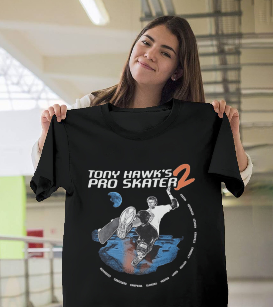 Tony Hawk's Pro Skater 2 Hawk's Back With New Technology New Pros And New Tracks 2 Sided Flip McTwist Skateboarding Legends T-Shirt
