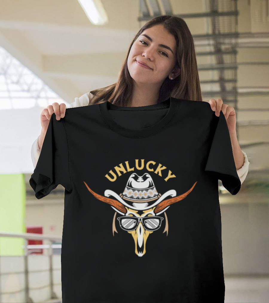 Unlucky Cowboy Skull Sunglasses Western Horns Hat T-Shirt