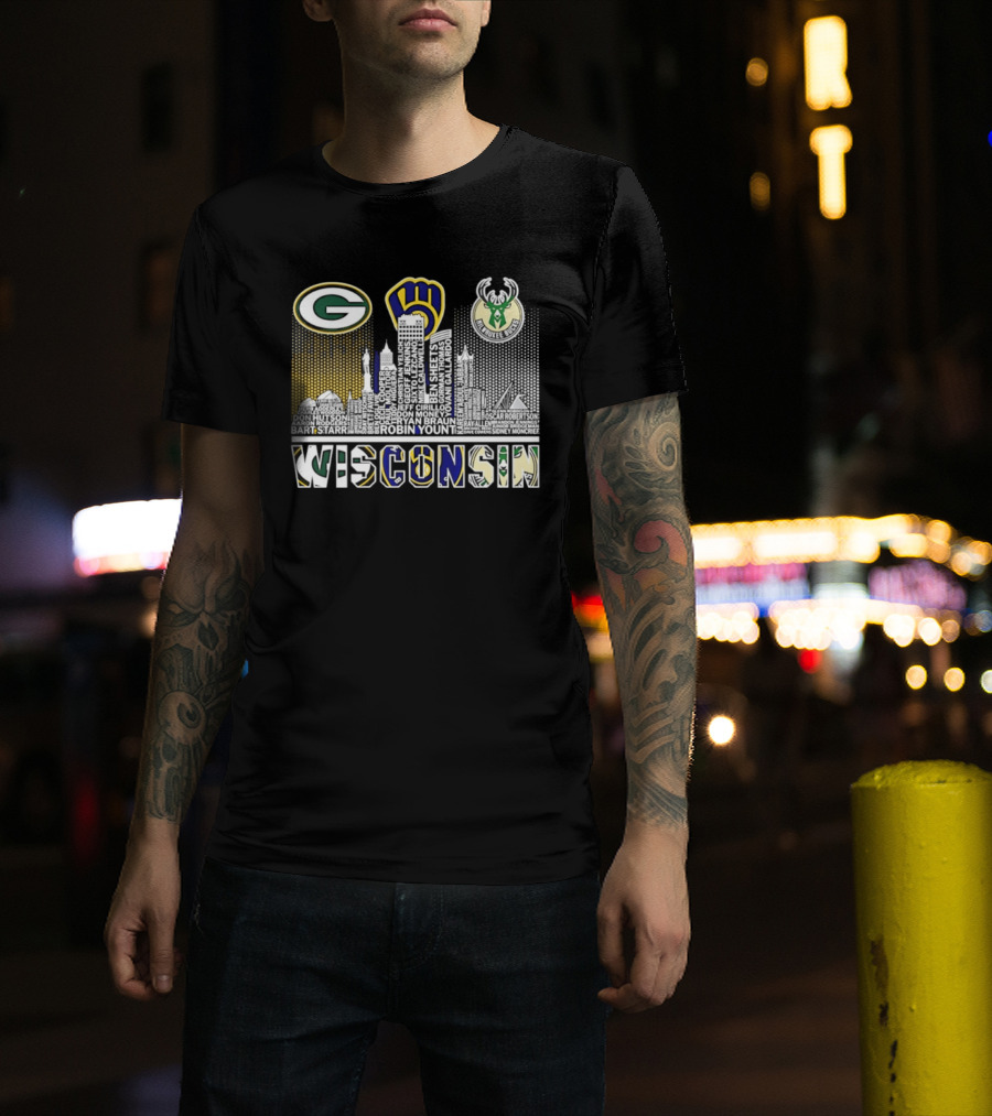 Wisconsin Green Bay Packers Milwaukee Brewers Bucks City Skyline Logos T-Shirt