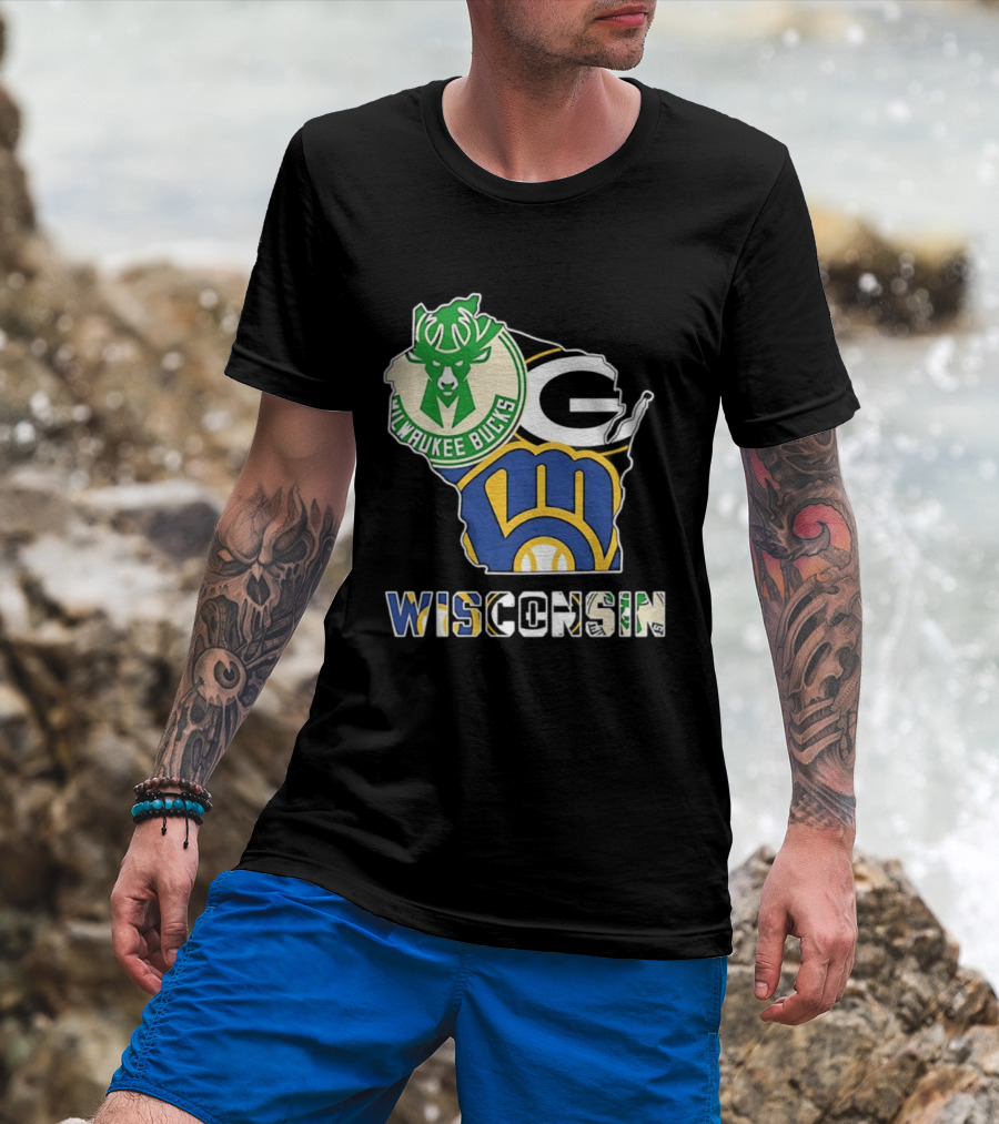 Milwaukee Bucks Green Bay Packers Milwaukee Brewers Wisconsin Map T-Shirt