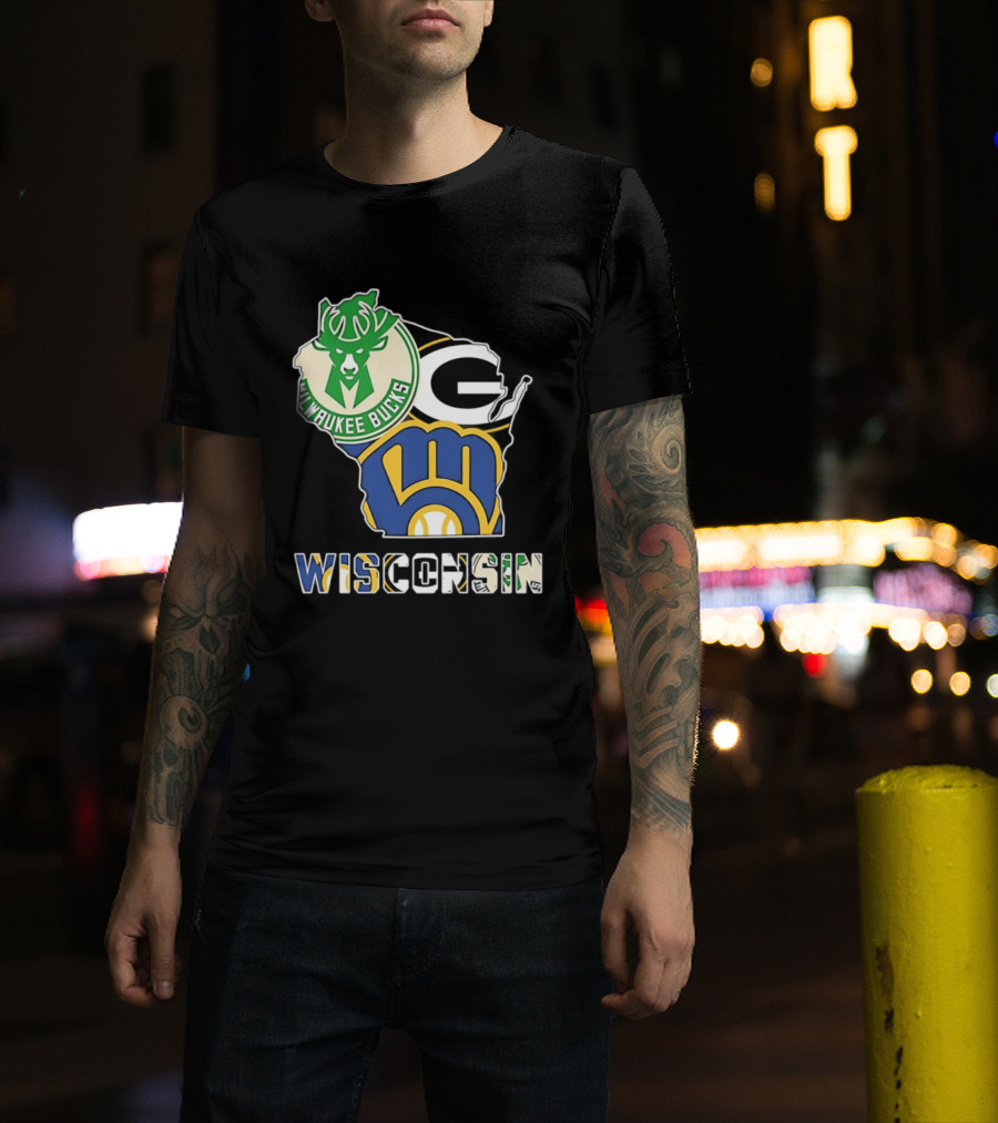 Milwaukee Bucks Green Bay Packers Milwaukee Brewers Wisconsin Map T-Shirt
