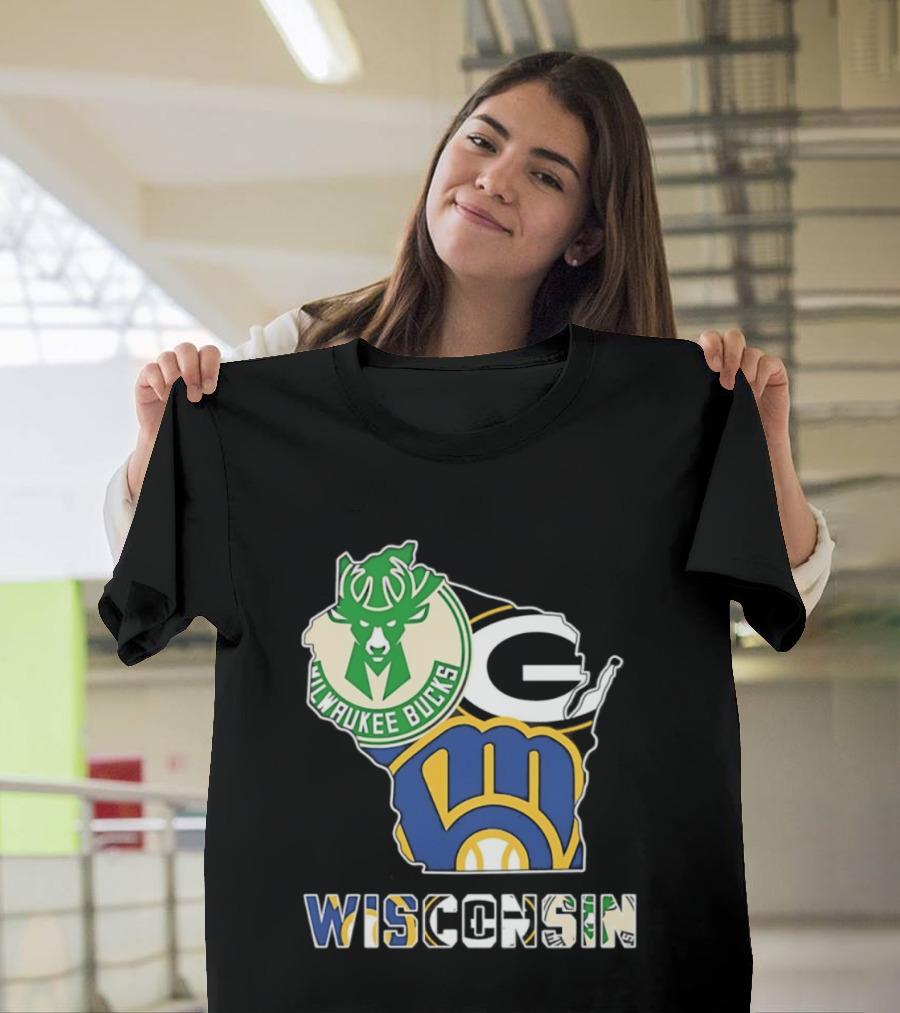 Milwaukee Bucks Green Bay Packers Milwaukee Brewers Wisconsin Map T-Shirt