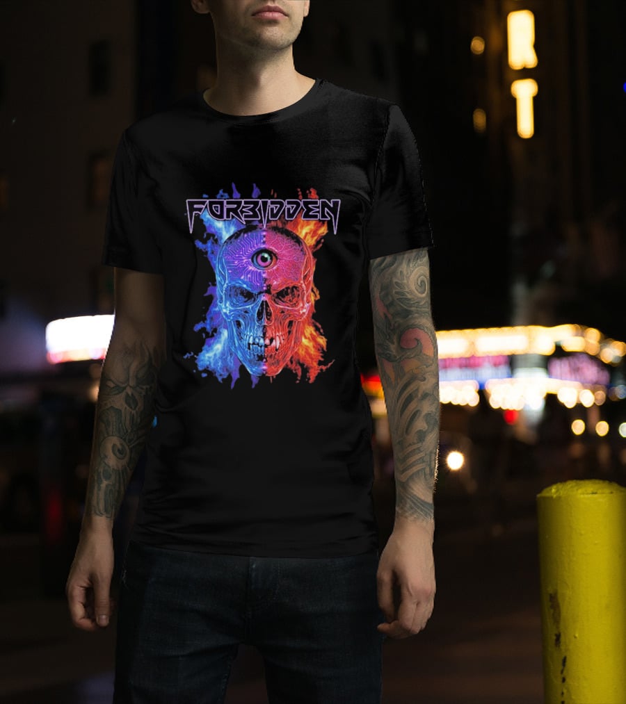FORBIDDEN Skull Eye Flames Blue Red Fusion T-Shirt