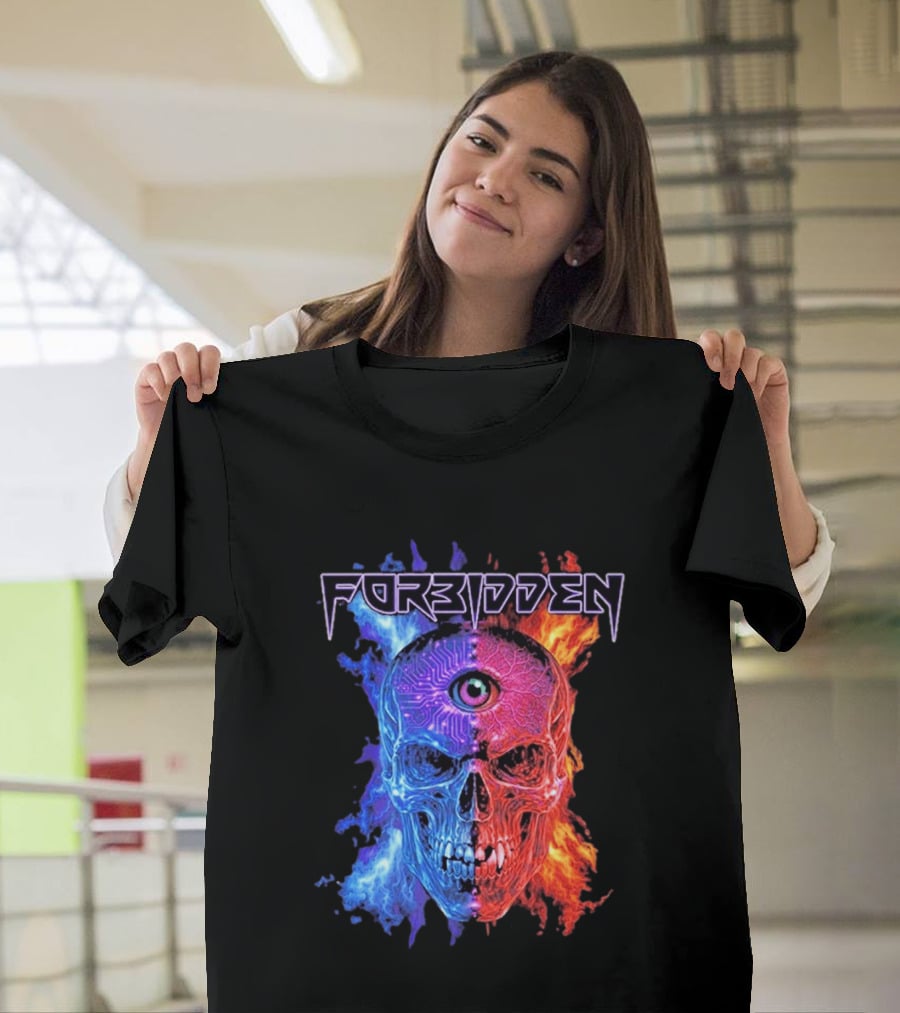 FORBIDDEN Skull Eye Flames Blue Red Fusion T-Shirt