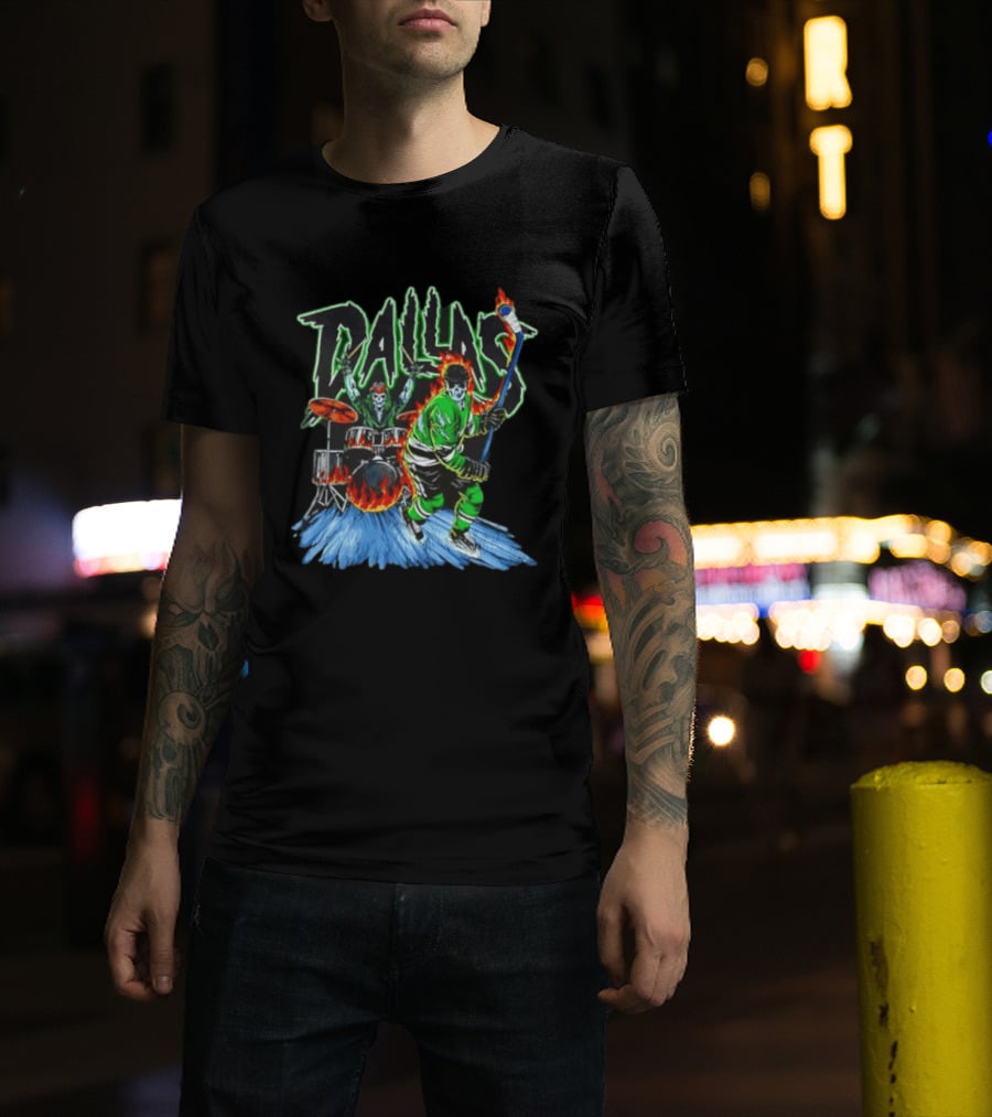 Dallas Stars Skeleton Hockey Fire With Drummer T-Shirt