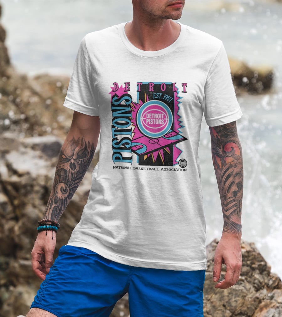 Detroit Pistons 1957 Est. Neon National Basketball Association Court T-Shirt