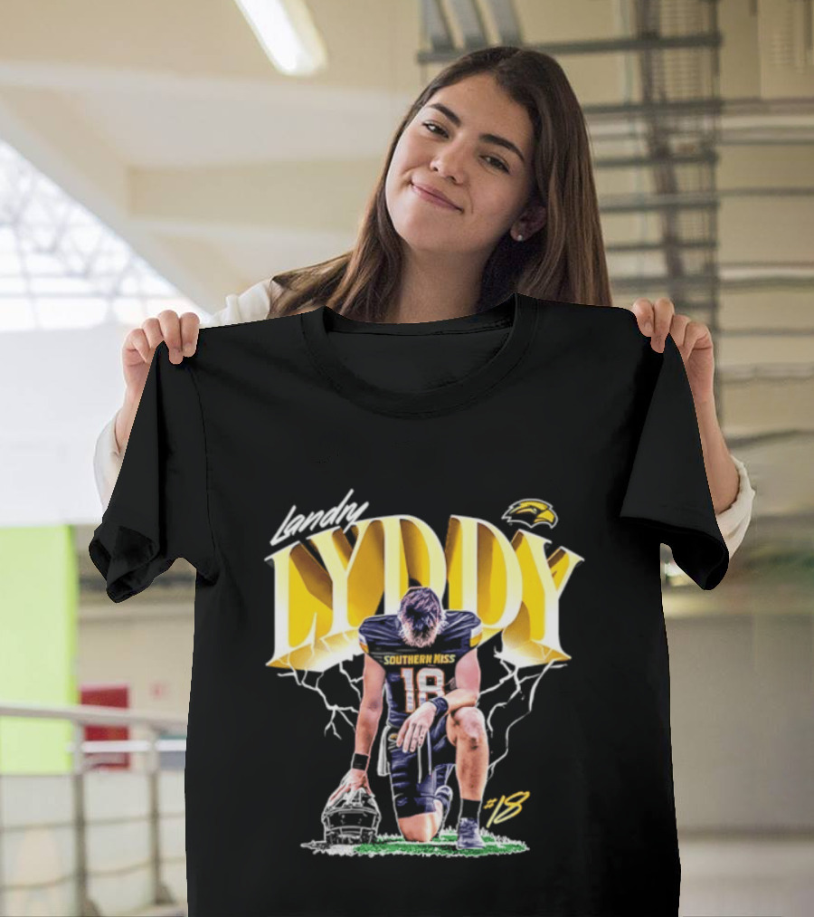 Landry Lyddy 18 Southern Miss Golden Eagles NCAA Football Player Lightning Kneeling Pose T-Shirt