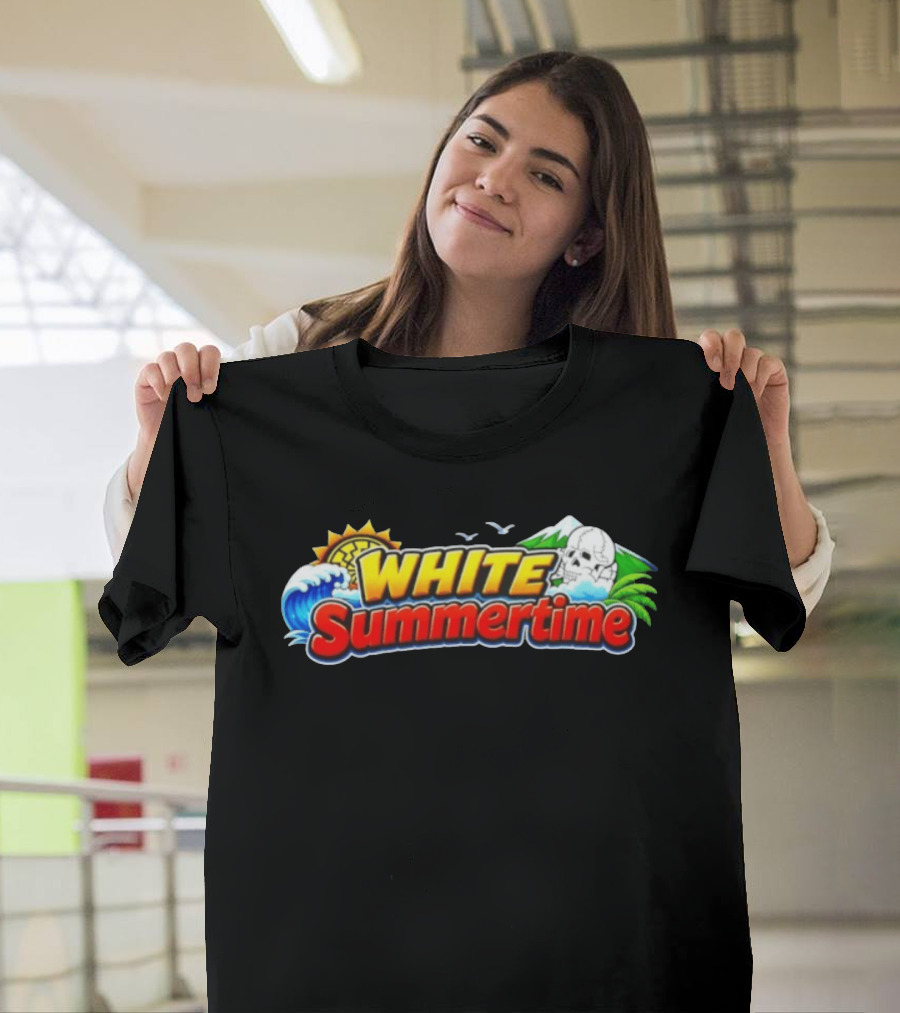 White Summertime Skull Ocean Beach Sun Palm Birds T-Shirt