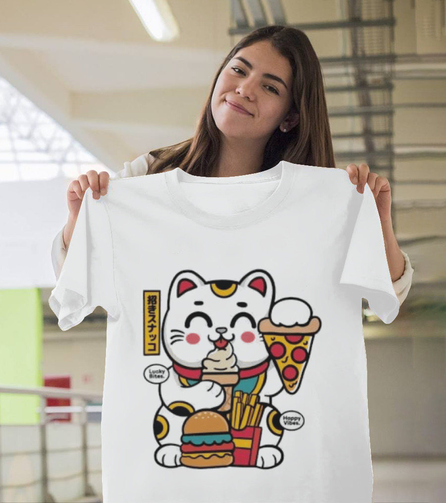 Lucky Bites Happy Vibes Maneki Neko Cat Ice Cream Pizza Burger Fries T-Shirt