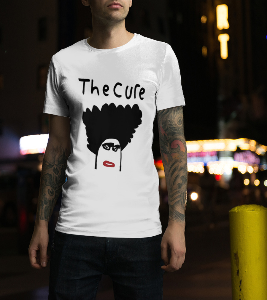 The Cure Hand Drawn Robert Smith Bold Hair Red Lips Black Glasses T-Shirt