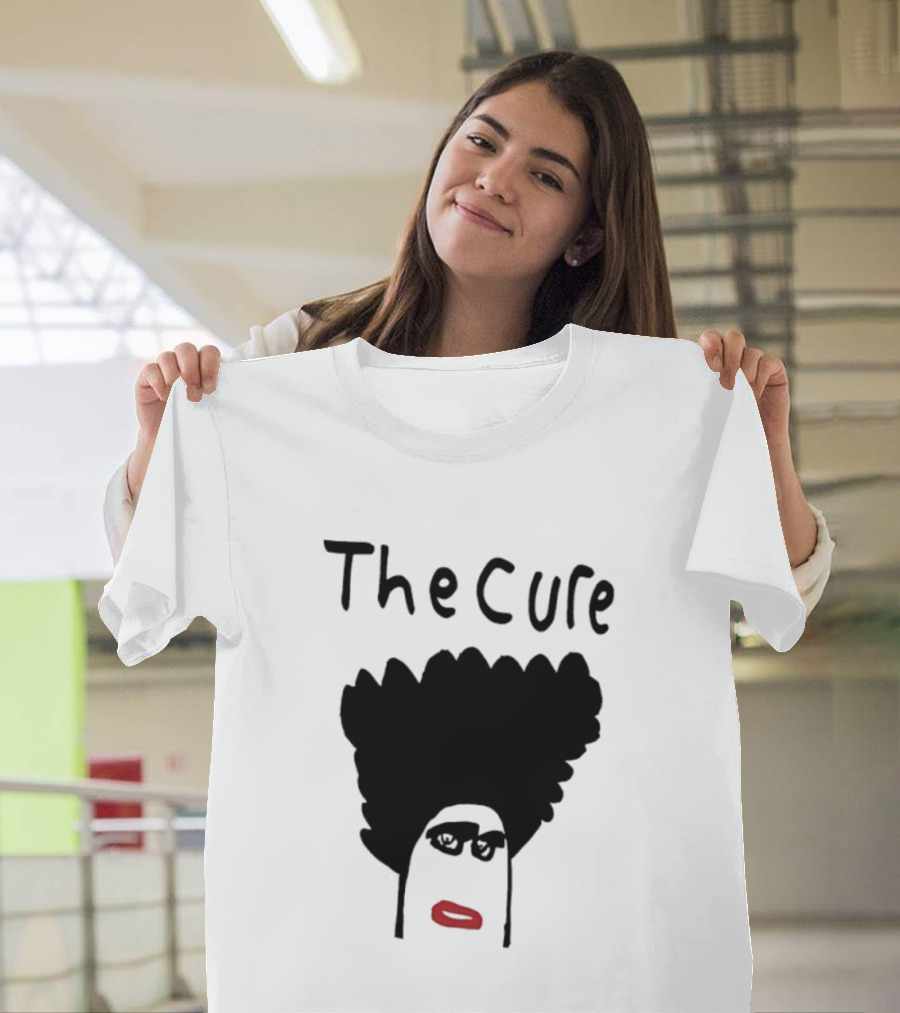 The Cure Hand Drawn Robert Smith Bold Hair Red Lips Black Glasses T-Shirt