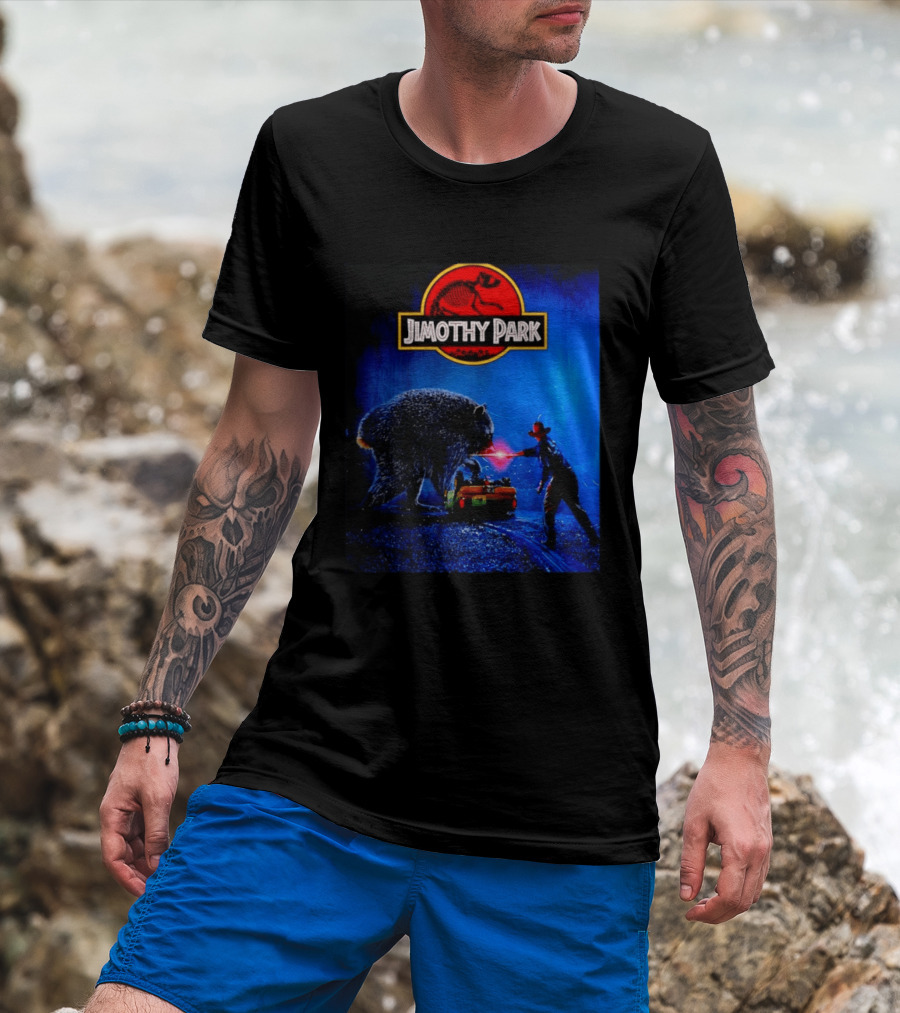 Jimothy Park Dinosaur Adventure Lampoon With Bear Scene T-Shirt