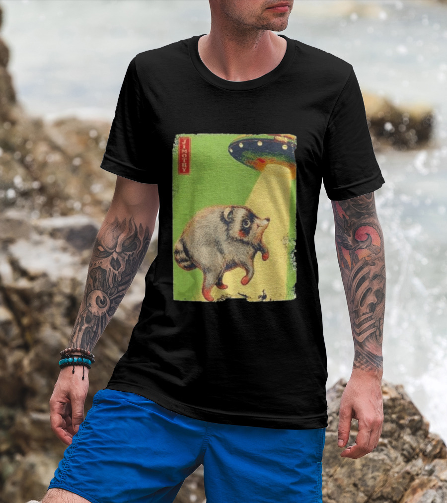 Jimothy Raccoon Abducted By UFO Alien Beam On Green T-Shirt