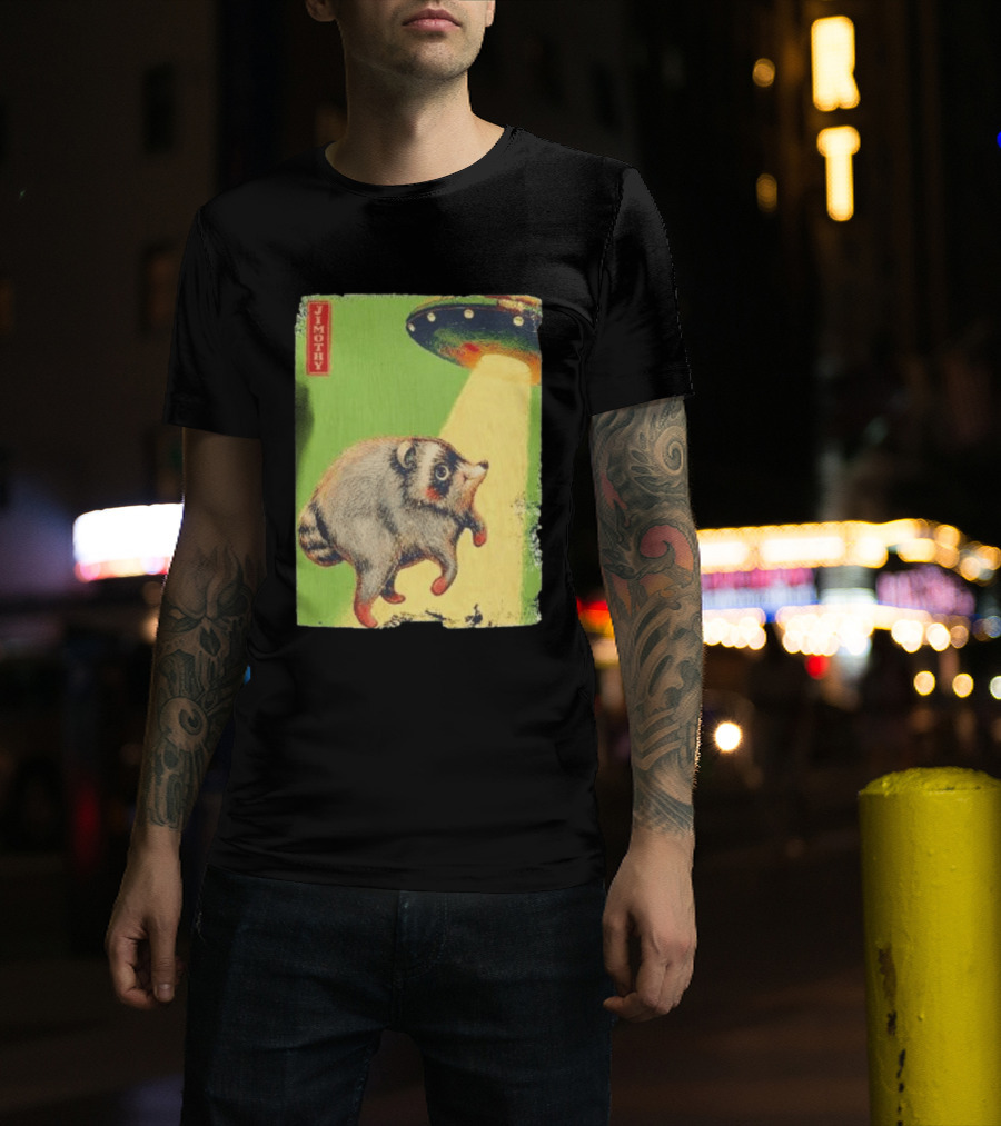 Jimothy Raccoon Abducted By UFO Alien Beam On Green T-Shirt