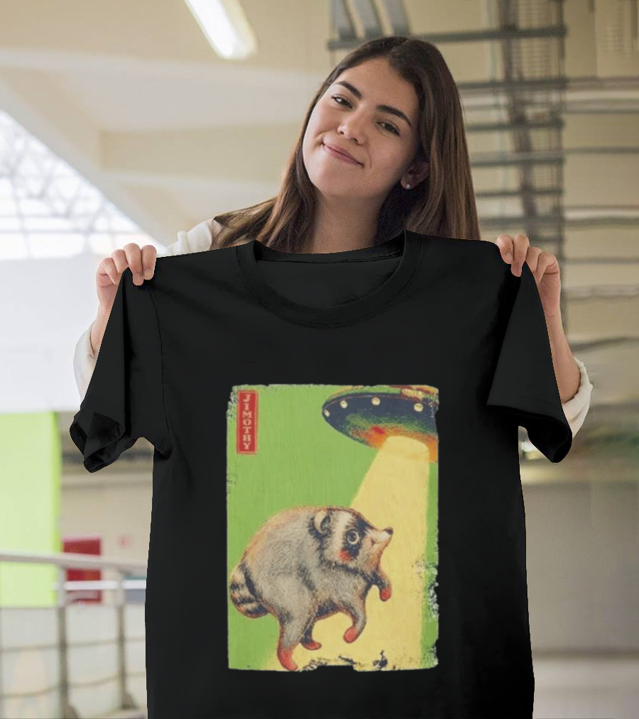 Jimothy Raccoon Abducted By UFO Alien Beam On Green T-Shirt