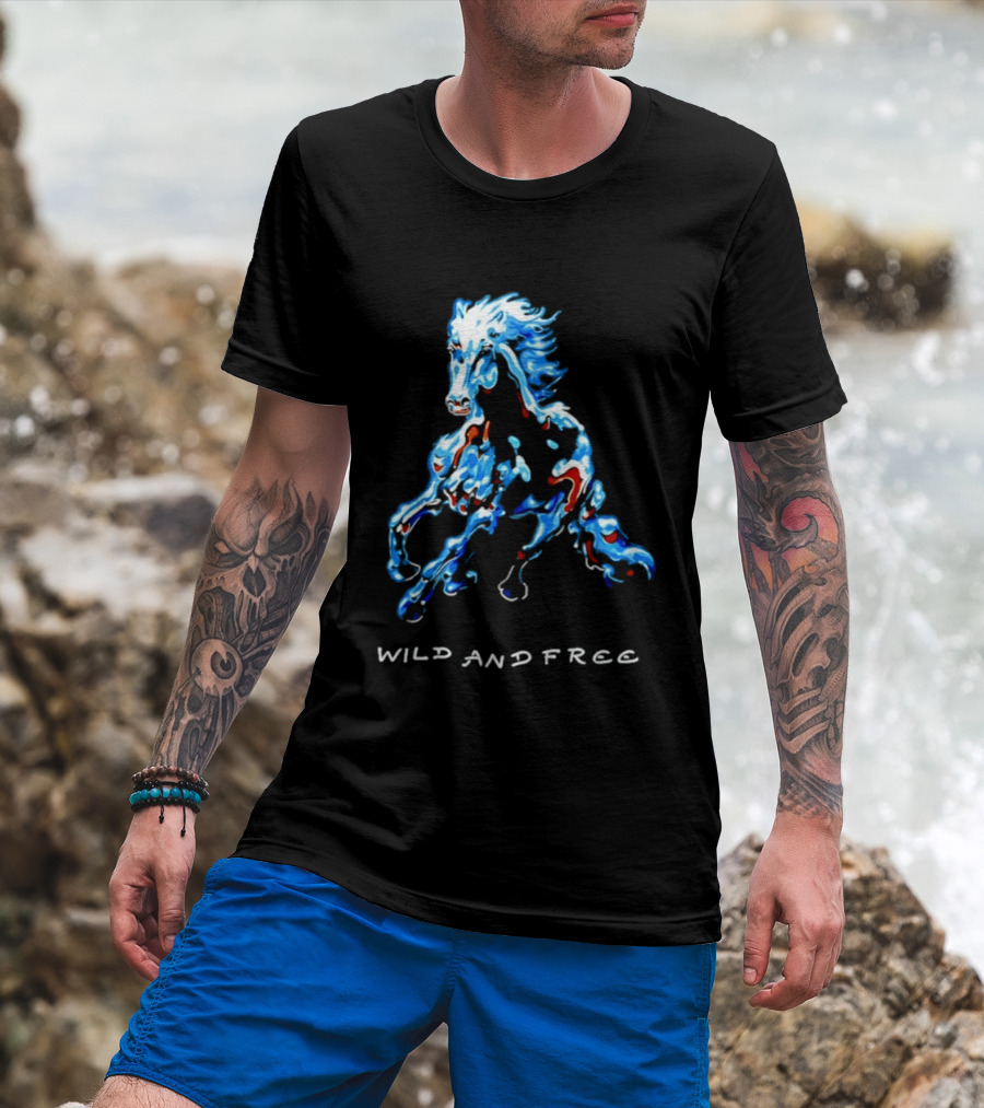 Wild Horse Wild And Free Blue Red Watercolor T-Shirt