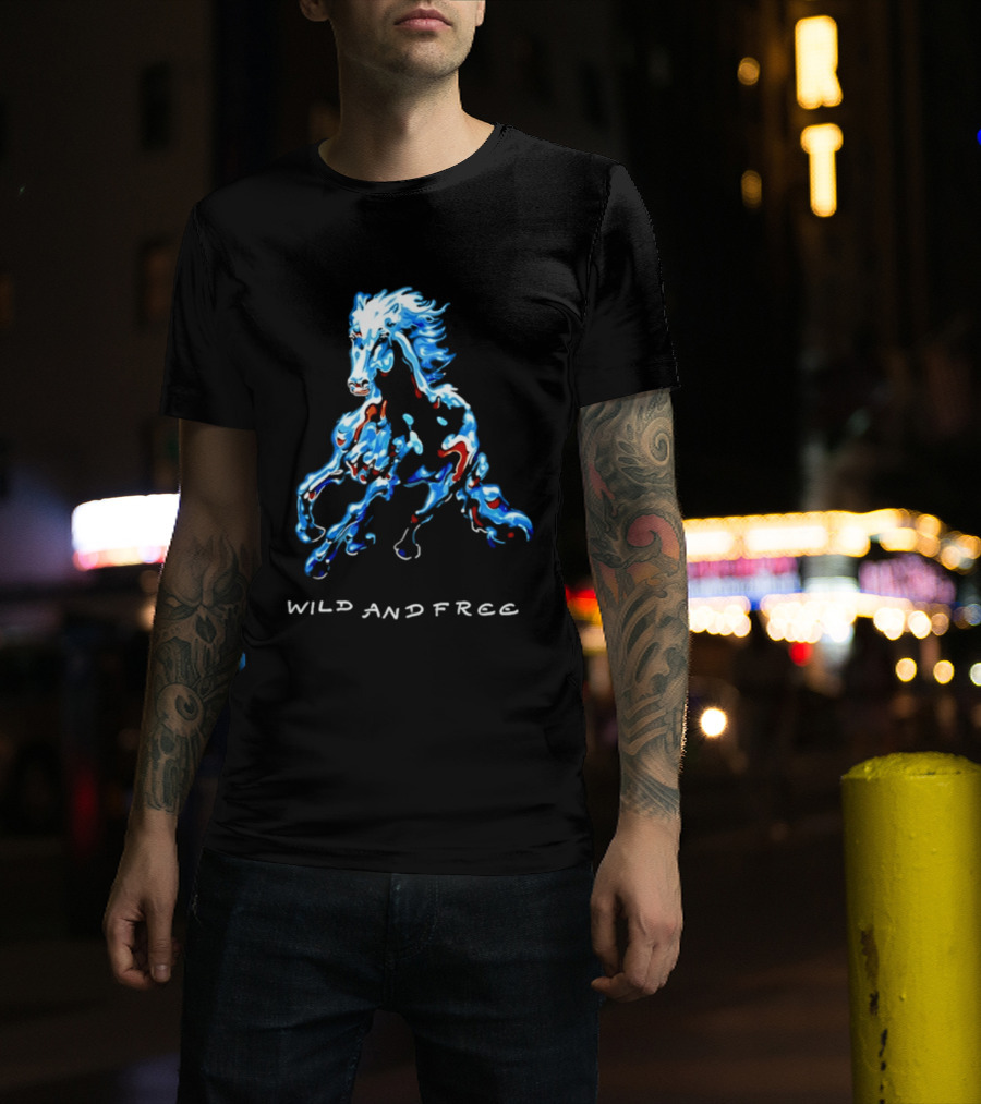 Wild Horse Wild And Free Blue Red Watercolor T-Shirt