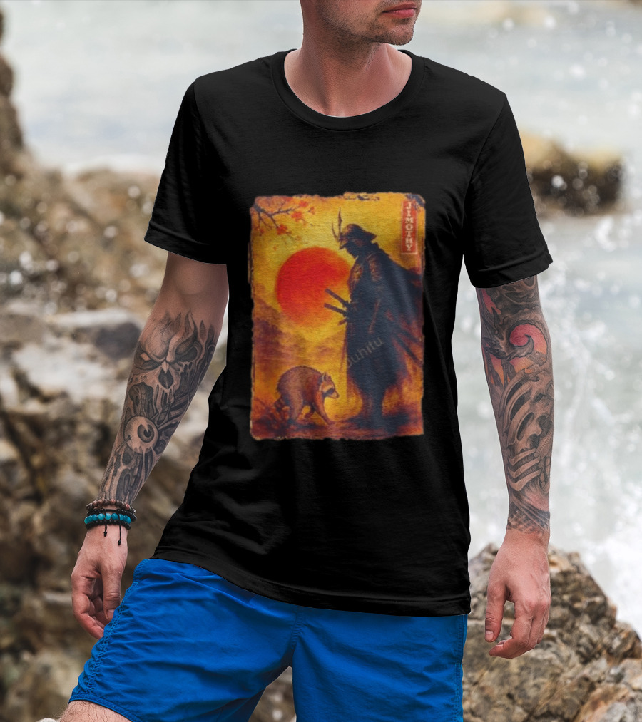 Jimothy Samurai Warrior And Raccoon Japanese Sunset T-Shirt
