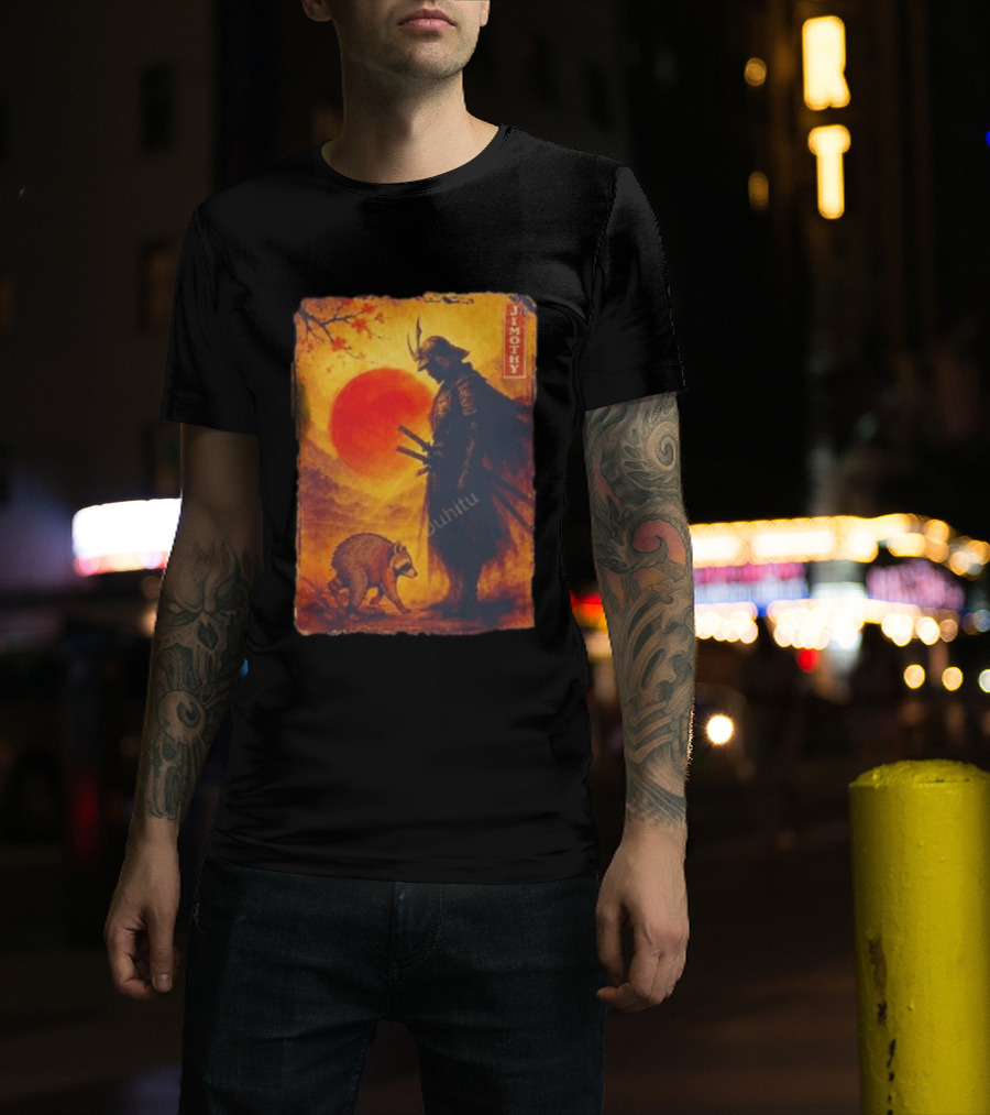 Jimothy Samurai Warrior And Raccoon Japanese Sunset T-Shirt