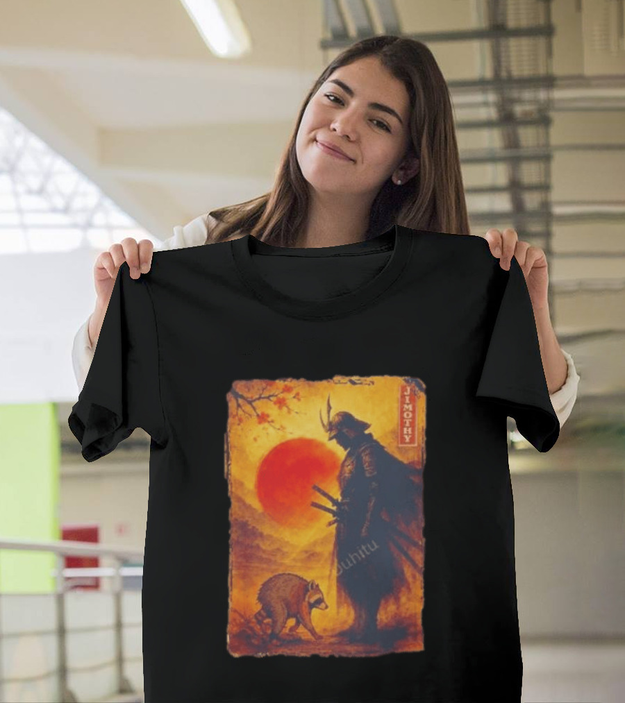 Jimothy Samurai Warrior And Raccoon Japanese Sunset T-Shirt
