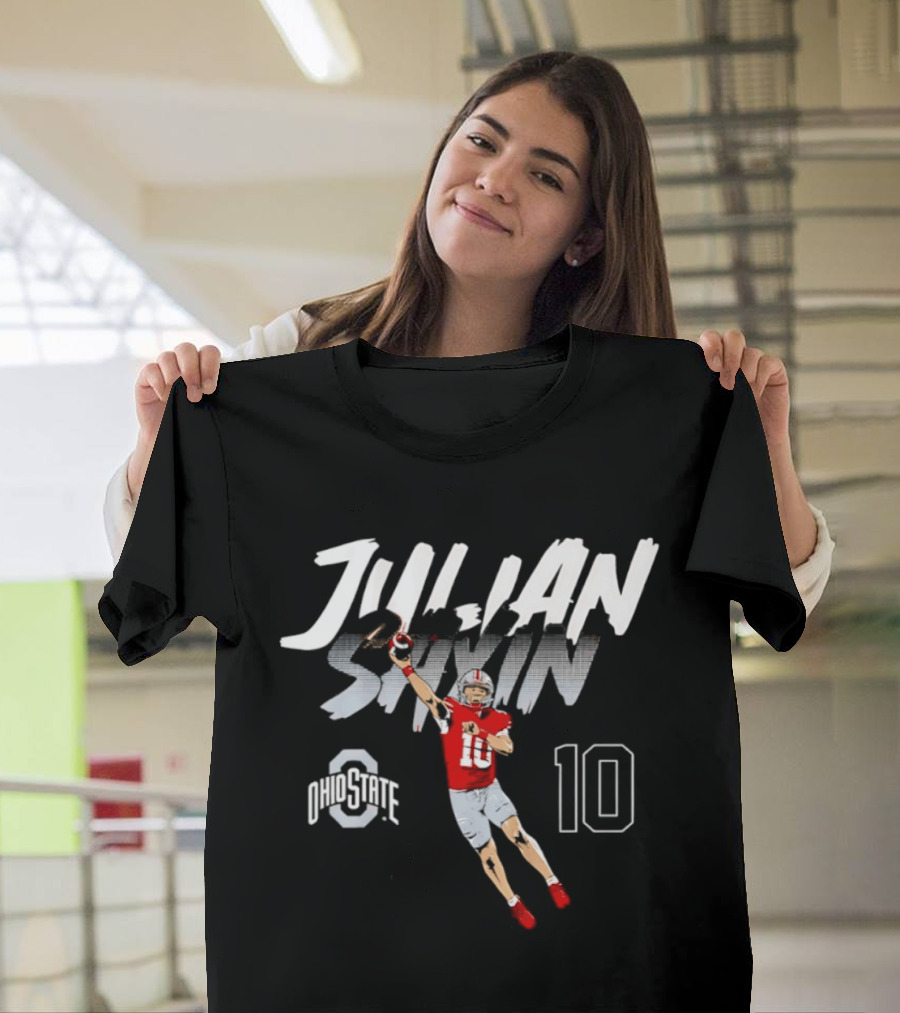 Julian Sayin Ohio State Buckeyes Number 10 Football Player Action Pose T-Shirt