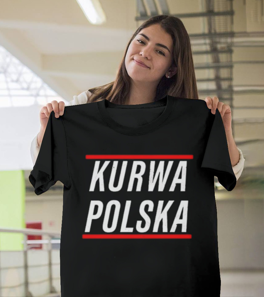 Kurwa Polska Bold White Text Design Red Lines T-Shirt