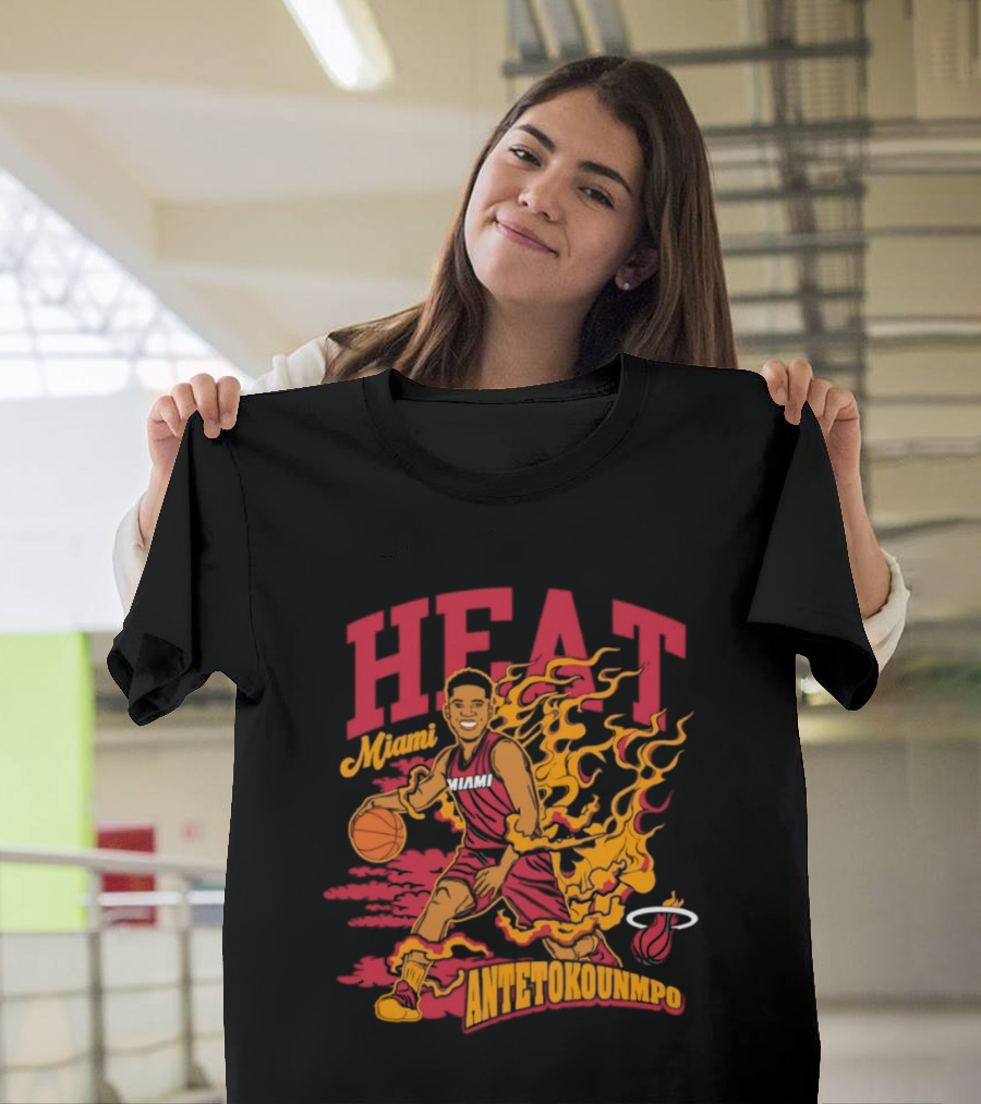 Miami Heat Giannis Antetokounmpo Basketball Caricature With Flames T-Shirt