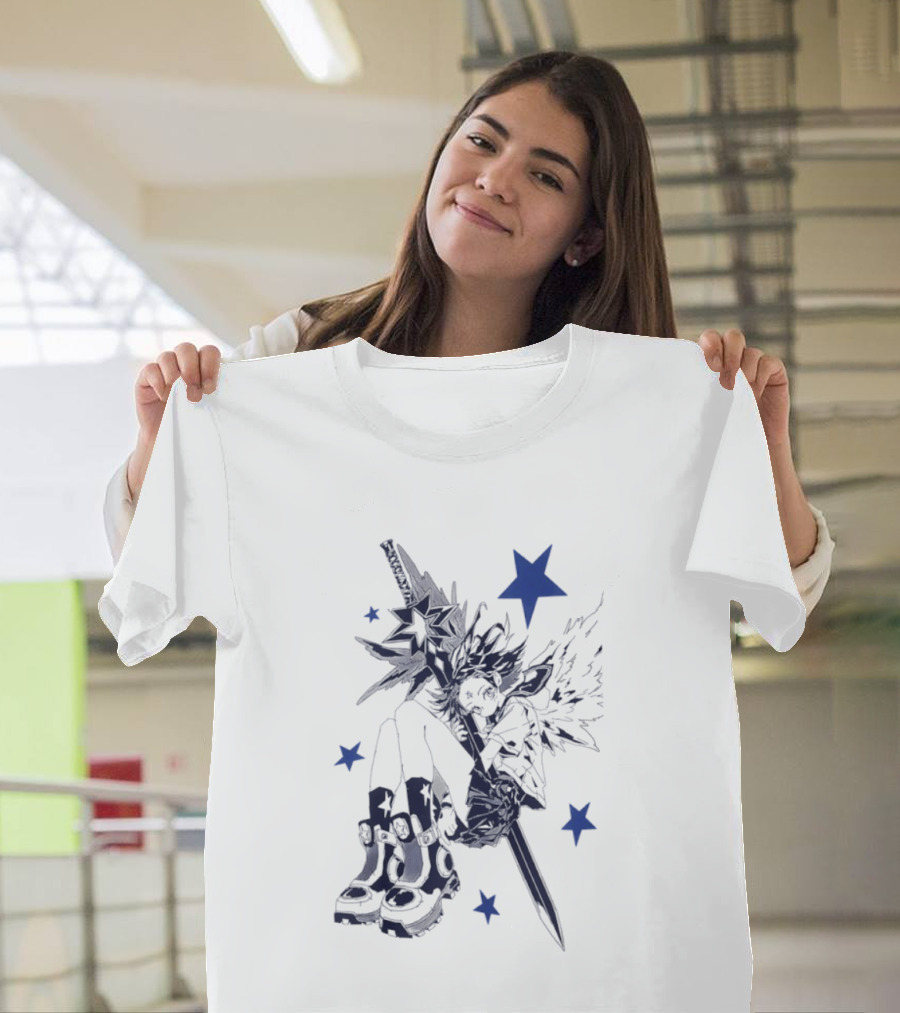 Arkestar Anime Girl Sword Wings Blue Stars T-Shirt