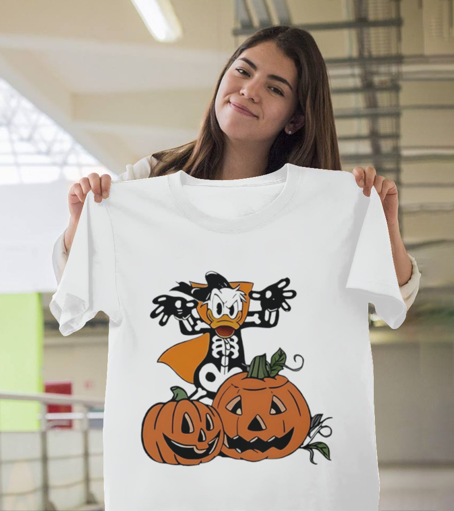 Donald Duck Skeleton Costume With Pumpkins Disney Halloween T-Shirt