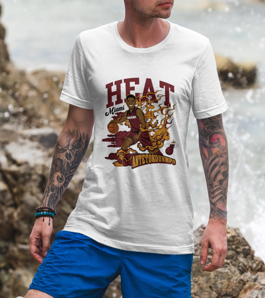 Miami Heat Antetokounmpo Basketball Flame Comic T-Shirt