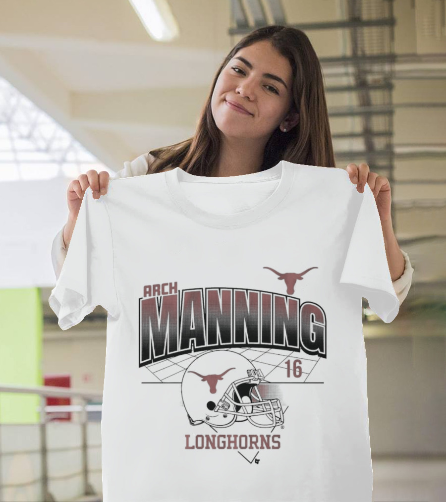 Texas Longhorns Arch Manning 16 Football Helmet Grid T-Shirt