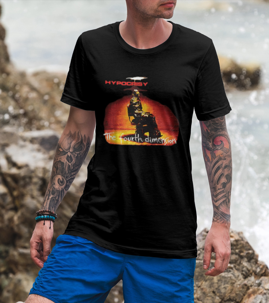 Hypocrisy The Fourth Dimension Red Text And Seated Figure T-Shirt