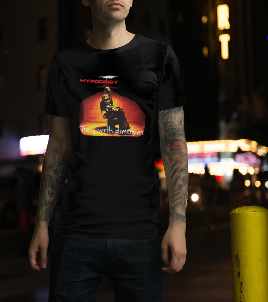 Hypocrisy The Fourth Dimension Red Text And Seated Figure T-Shirt