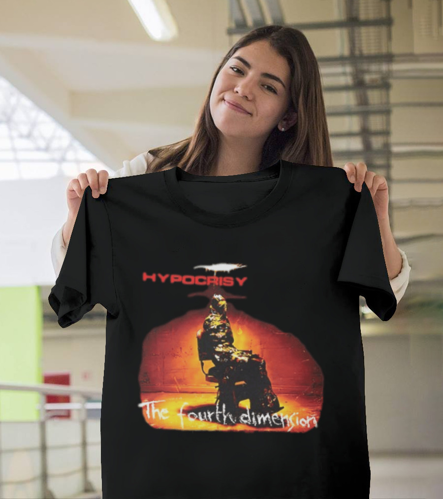 Hypocrisy The Fourth Dimension Red Text And Seated Figure T-Shirt
