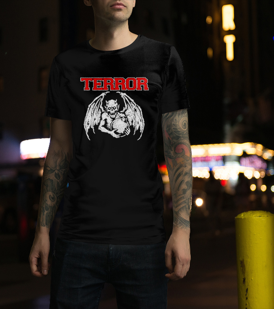 Terror Red Lettering Demon With Wings Holding Bomb T-Shirt