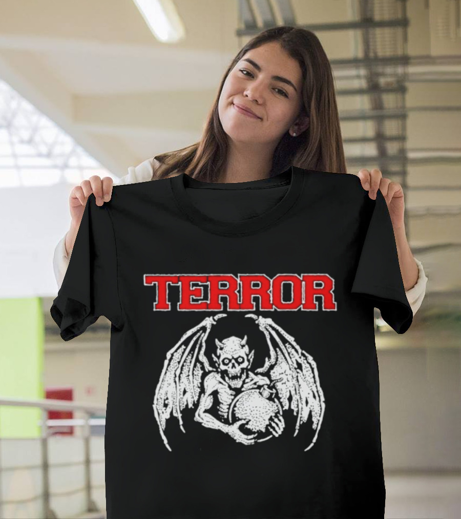 Terror Red Lettering Demon With Wings Holding Bomb T-Shirt