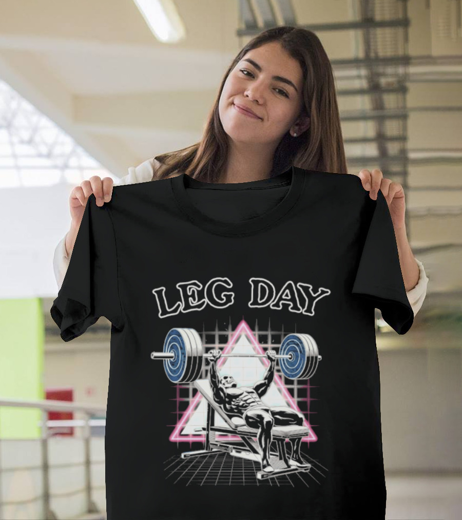 Leg Day Skeleton Weightlifting Gym Bodybuilding 80s Aesthetic Neon Triangle T-Shirt