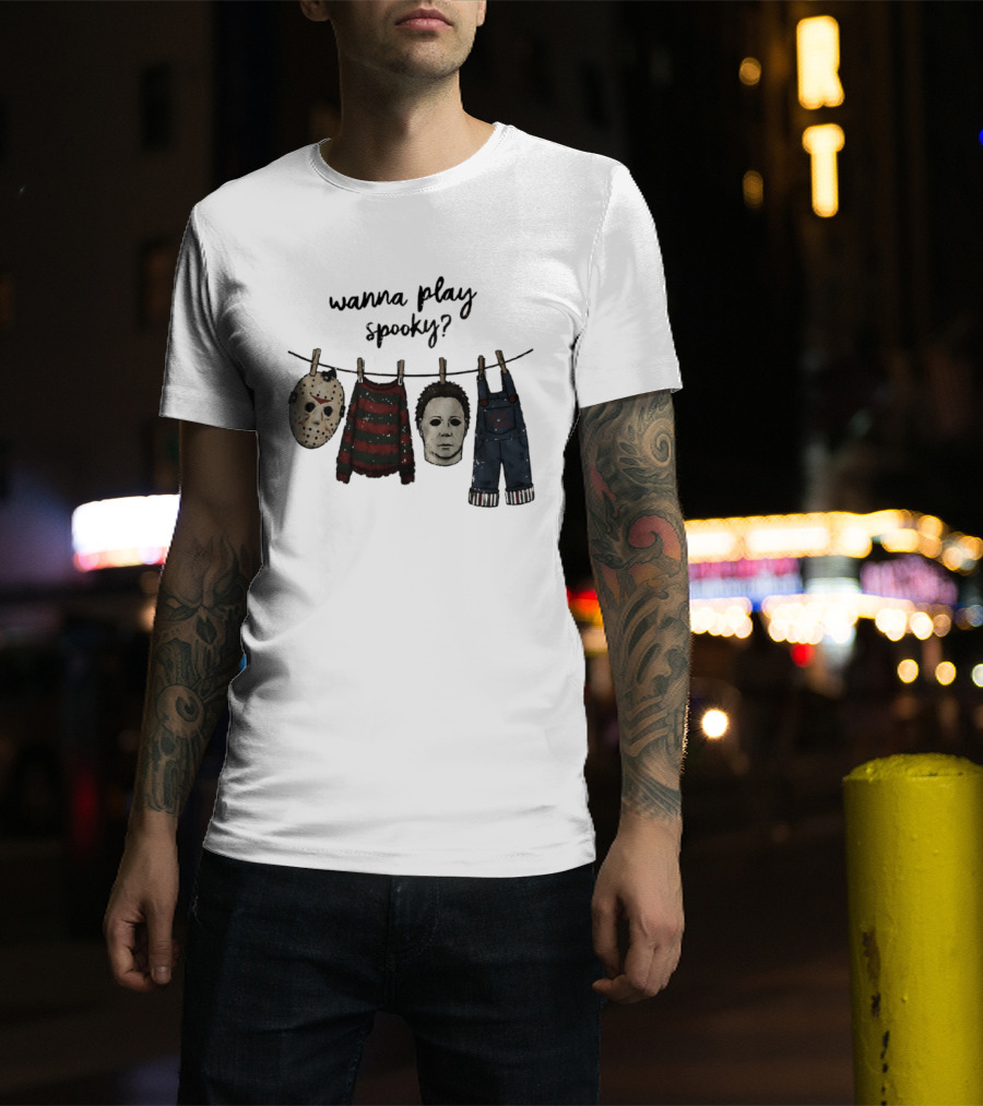 Wanna Play Spooky Halloween Horror Mask And Costume References T-Shirt