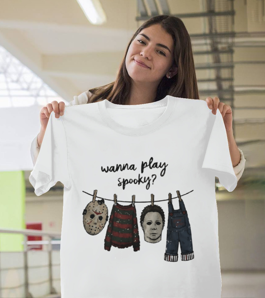 Wanna Play Spooky Halloween Horror Mask And Costume References T-Shirt