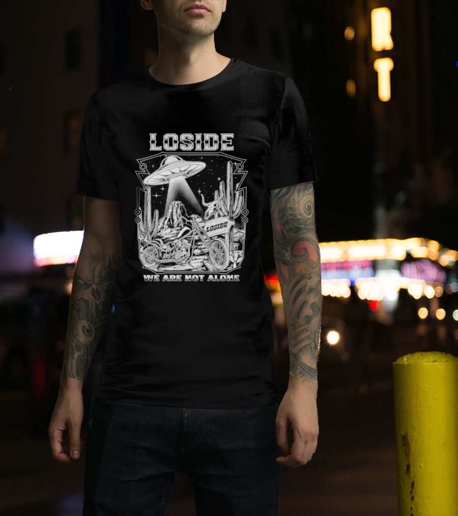 Loside We Are Not Alone UFO Motorcycle Desert Scene Cactus Stars T-Shirt