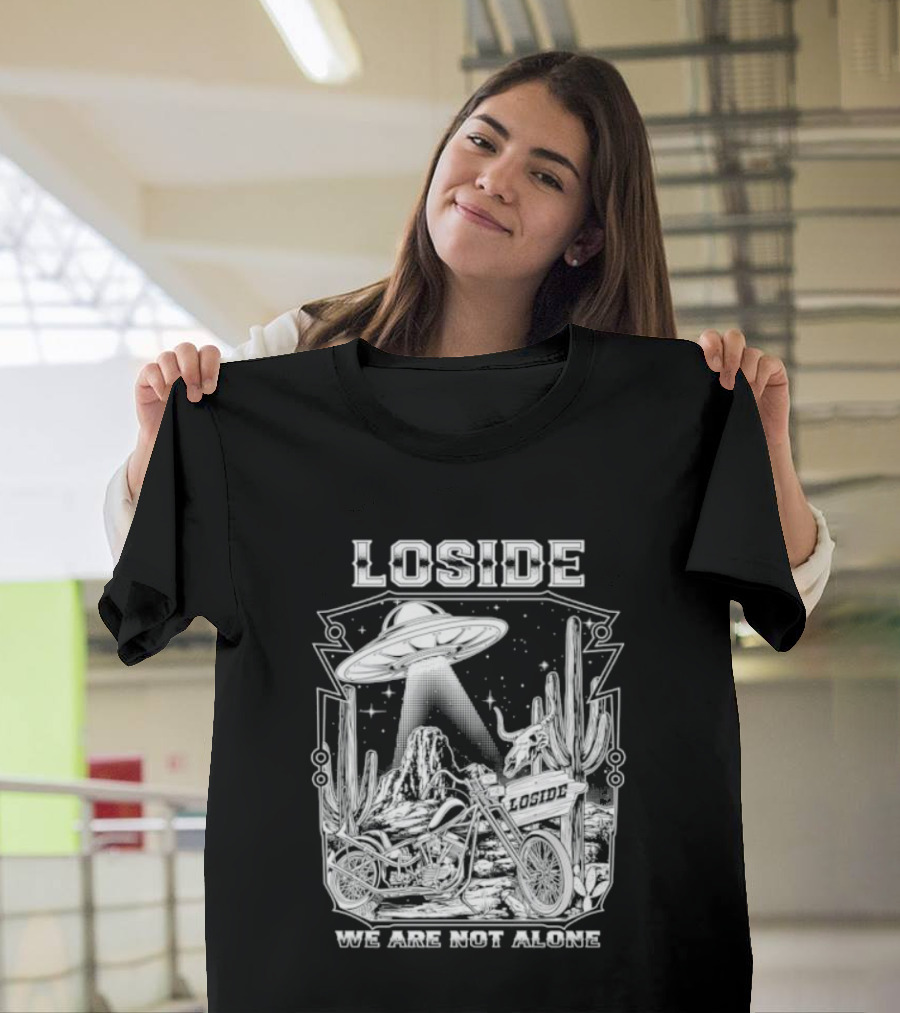 Loside We Are Not Alone UFO Motorcycle Desert Scene Cactus Stars T-Shirt