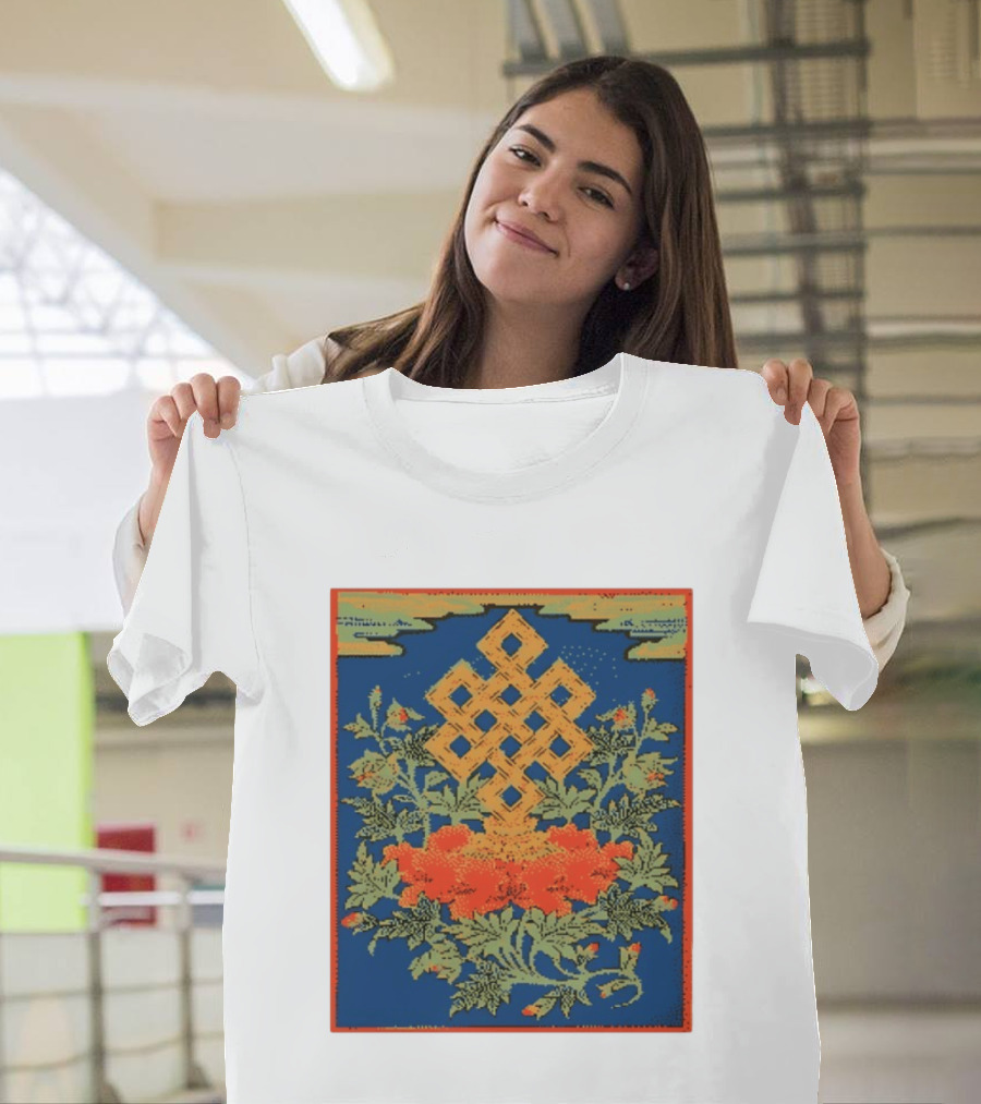 Srivatsa Endless Knot Floral Design Buddhist Symbol With Blossoms T-Shirt