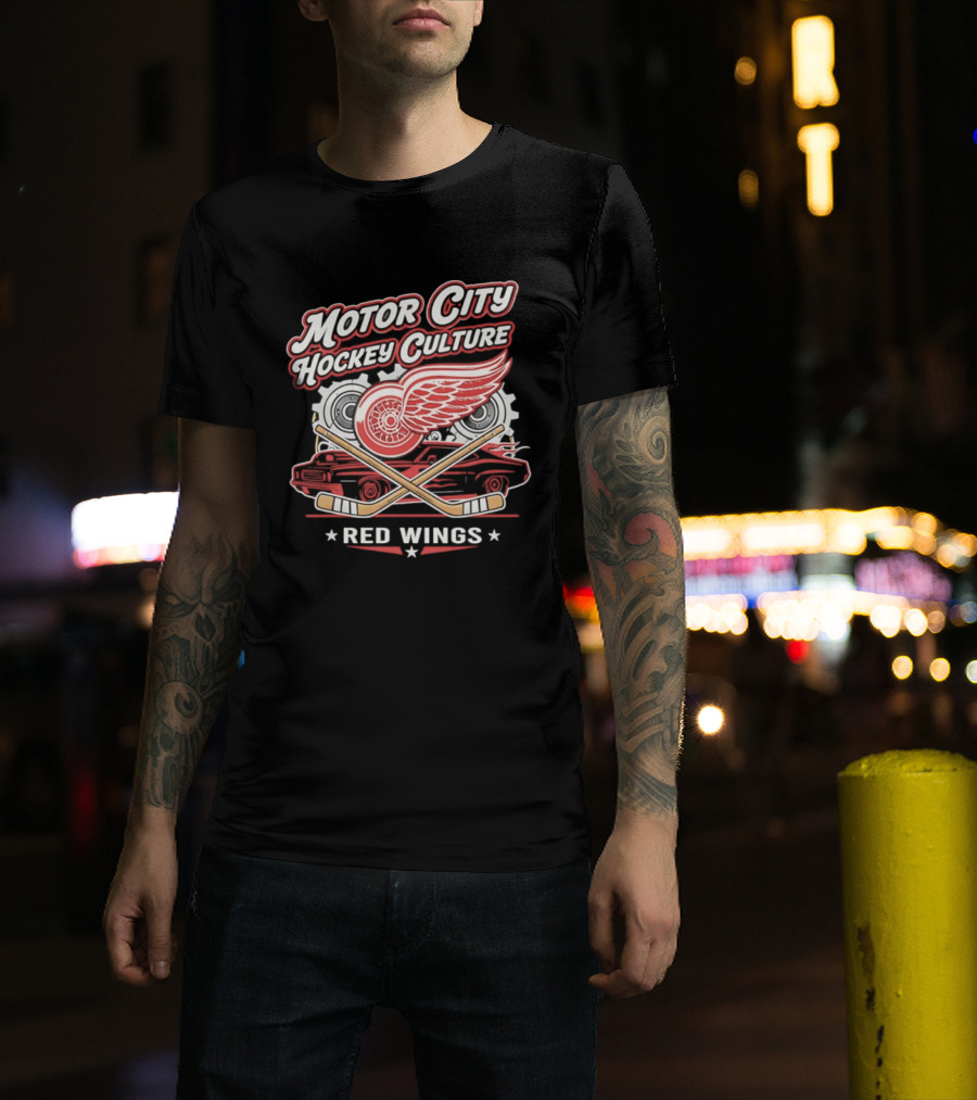 Motor City Hockey Culture Red Wings NHL Classic Logo And Car T-Shirt