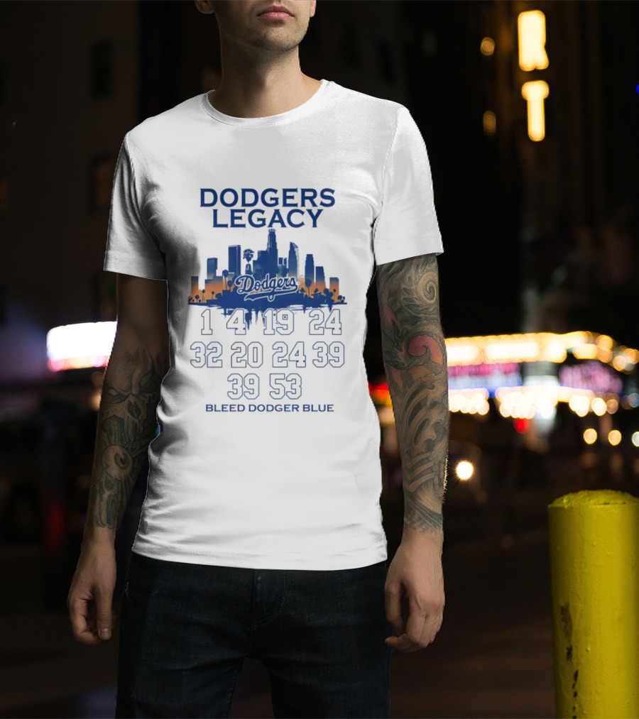 Dodgers Legacy 1 4 19 24 32 20 24 39 39 53 Bleed Dodger Blue Skyline Dodgers T-Shirt