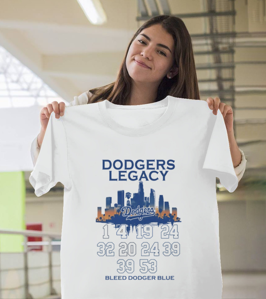Dodgers Legacy 1 4 19 24 32 20 24 39 39 53 Bleed Dodger Blue Skyline Dodgers T-Shirt