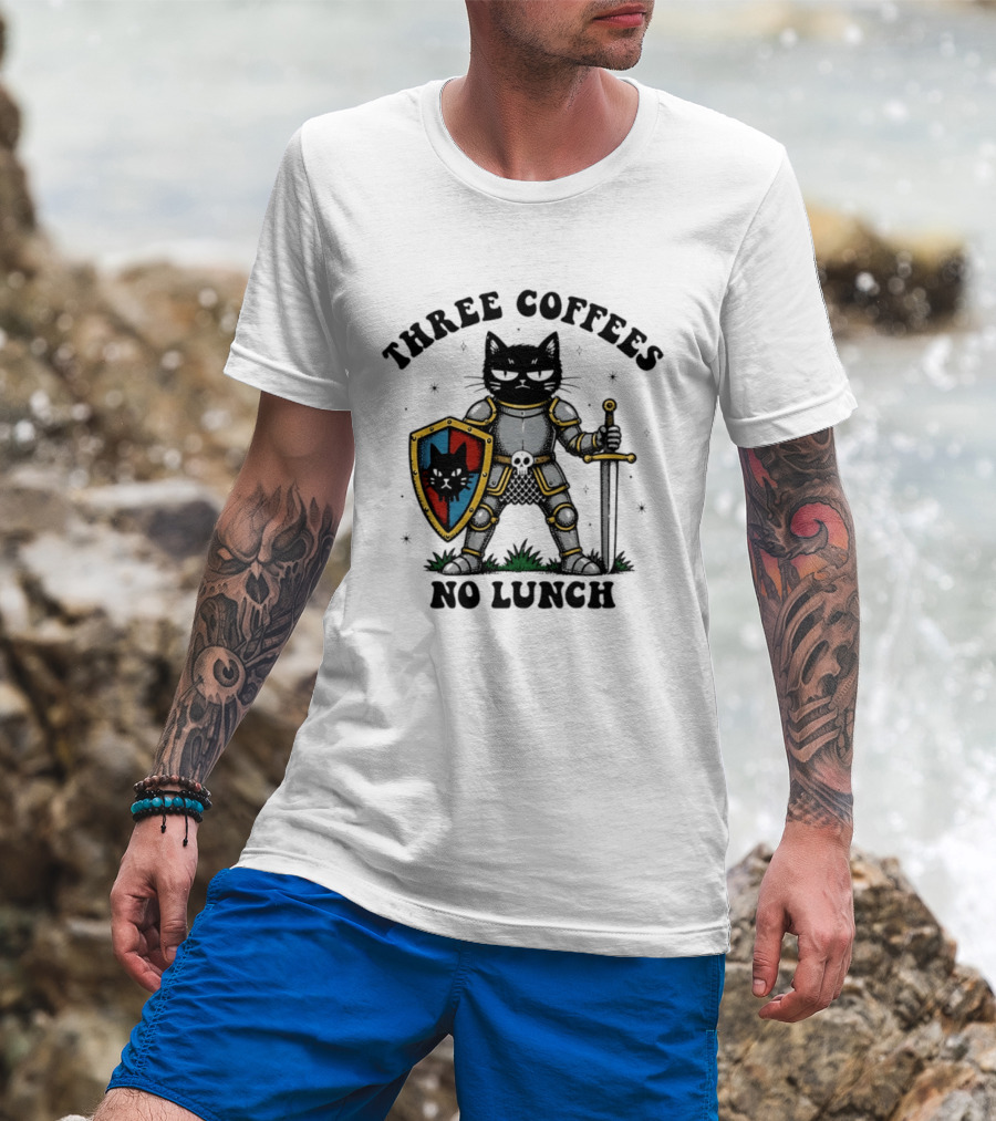 Three Coffees No Lunch Black Cat Armored Knight Shield T-Shirt