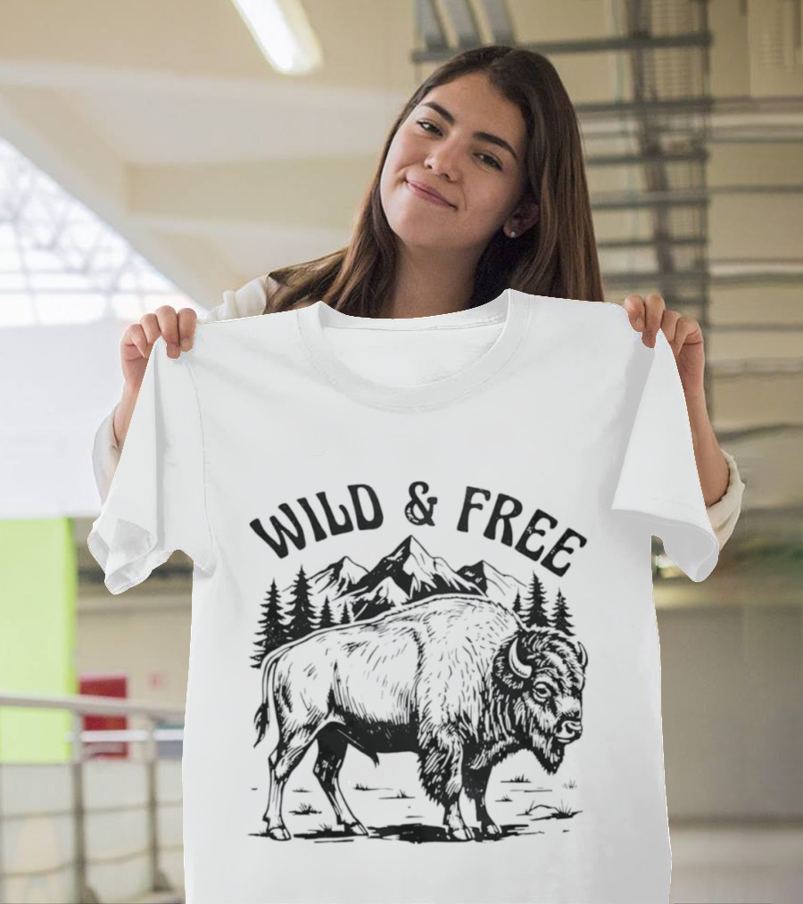 Wild And Free Bison With Mountain And Forest Scene T-Shirt