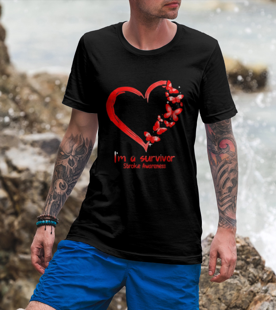 I'm A Survivor Stroke Awareness Heart And Red Butterflies T-Shirt