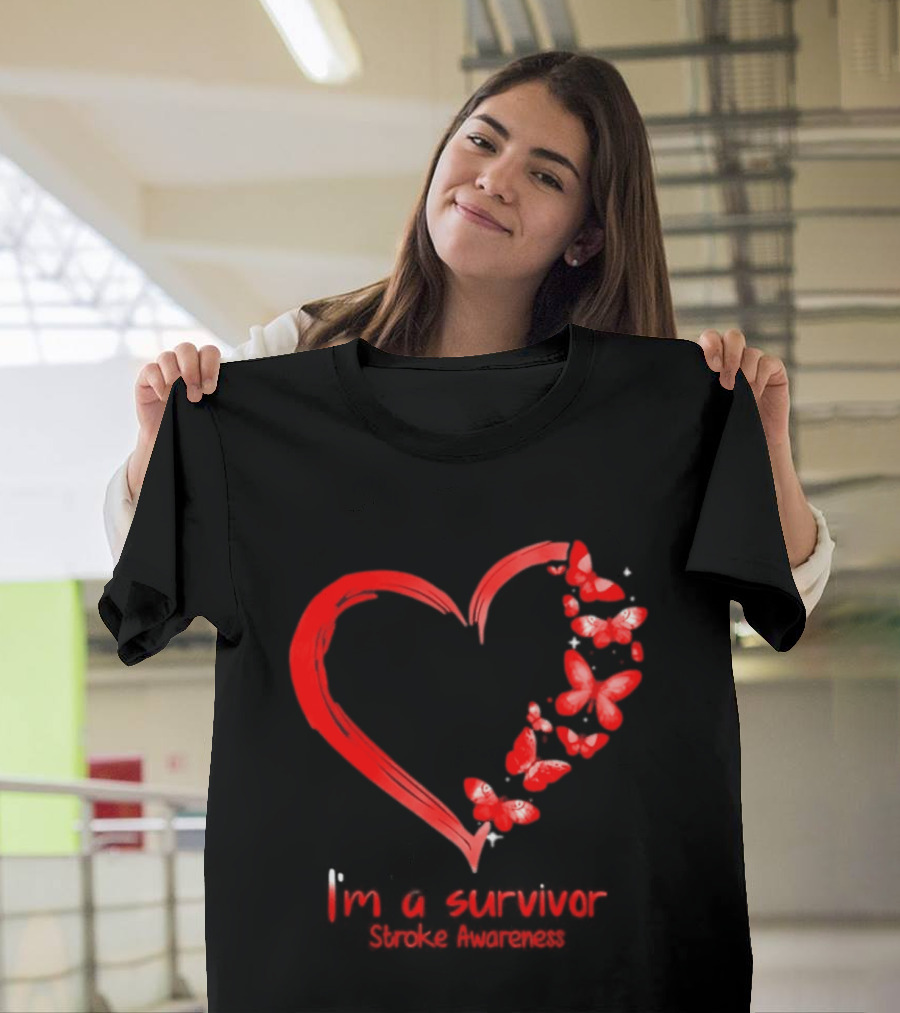 I'm A Survivor Stroke Awareness Heart And Red Butterflies T-Shirt